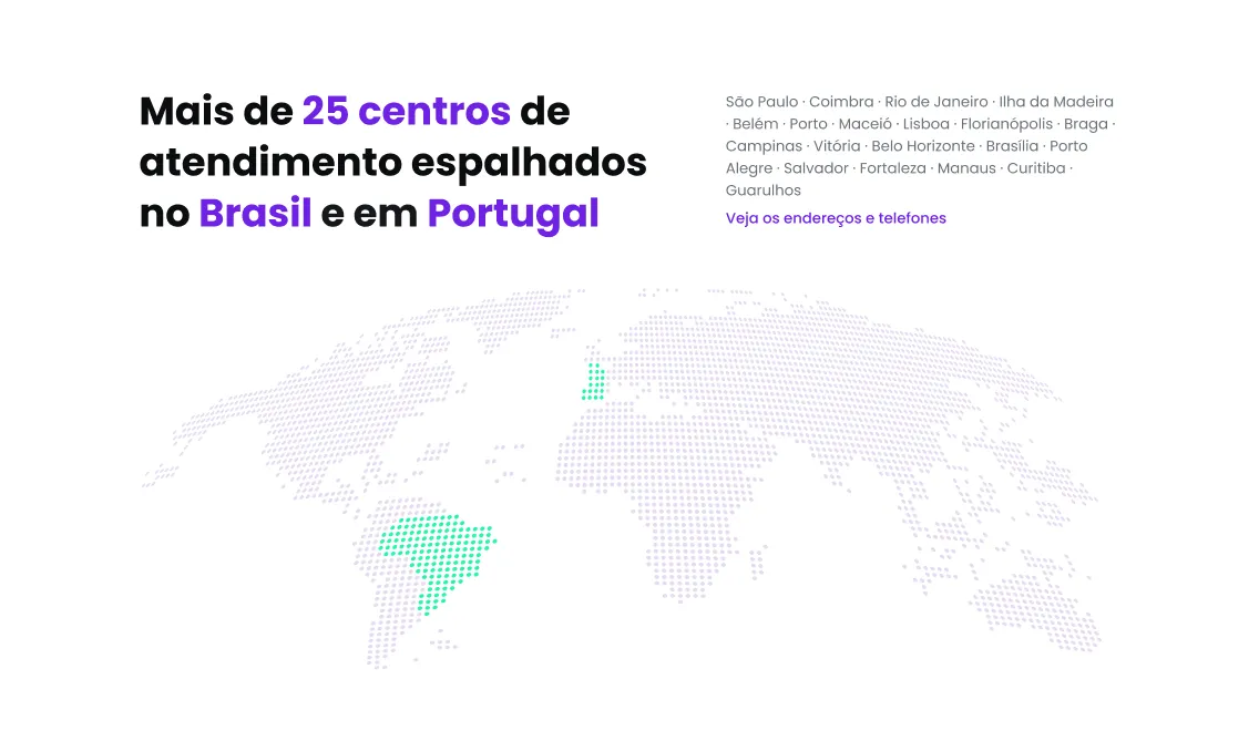 Mapa de centros de atendimento da Bot Recuperação de Dados no Brasil e Portugal