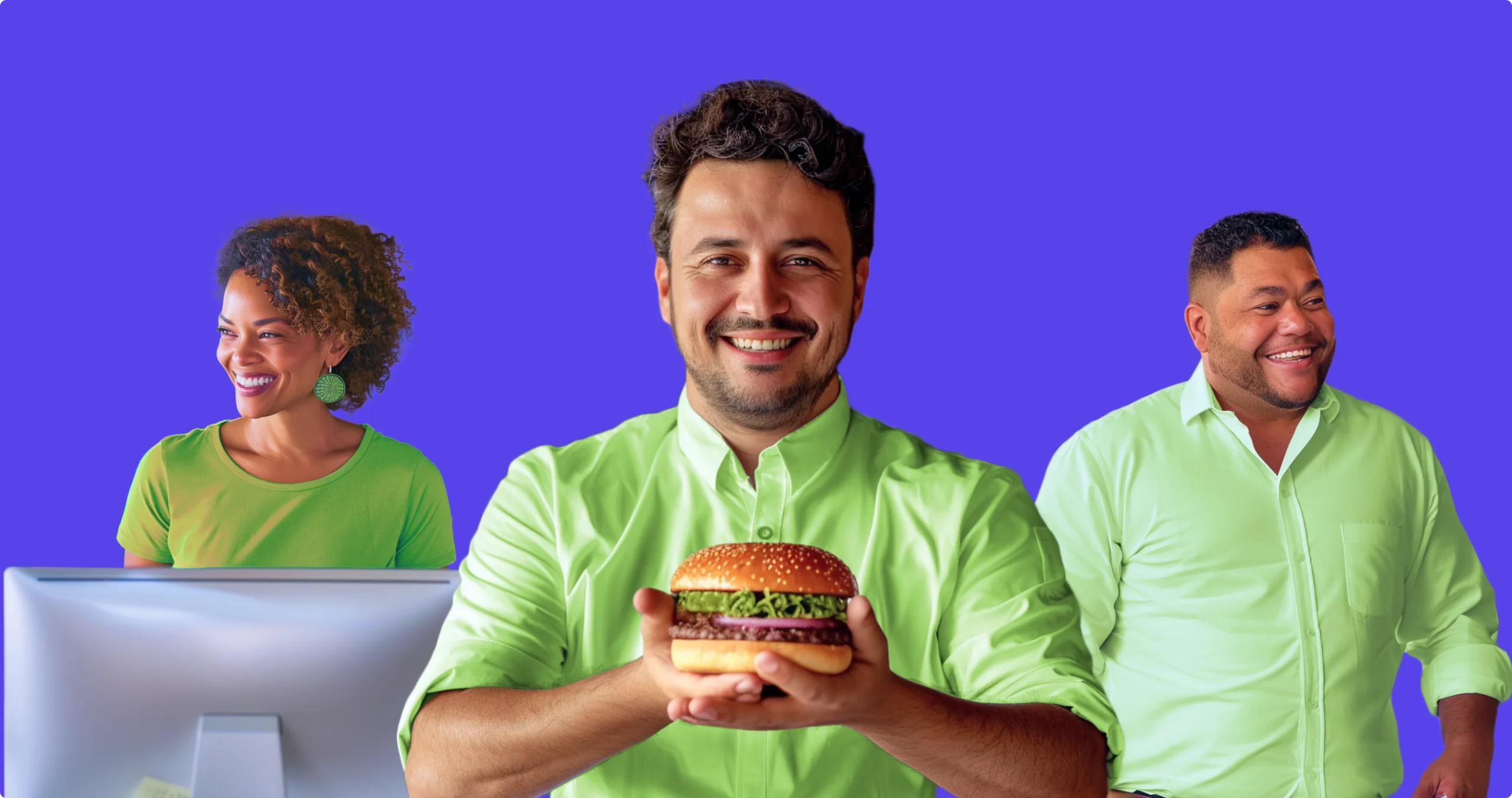 Três funcionários sorridentes, usando camisas verdes, com um deles segurando um hambúrguer. Fundo roxo.