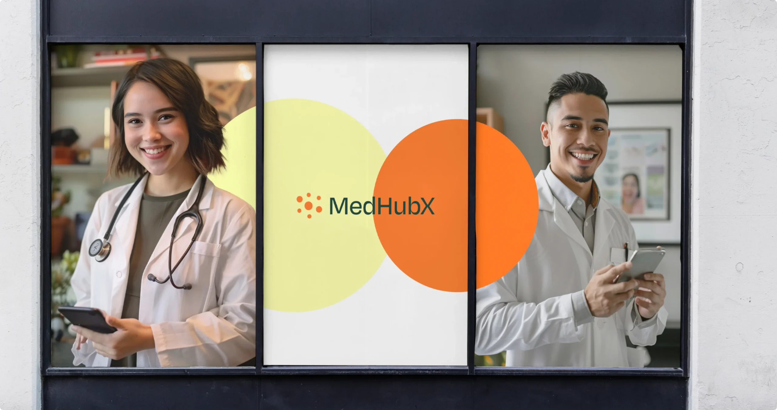 Médicos sorrindo e interagindo com dispositivos móveis ao lado do logotipo da MedHubX